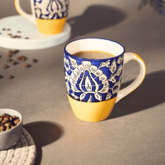 Khurja Pottery Milk Mug Yellow Mugal Painting So2| Hand painted | Kitchen ware | Home Décor |Yellow