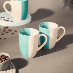 Khurja Pottery Milk Mug Italian 50-50 Green White So2|Ceramic Cup | Microwave Safe | Hand painted | Kitchen ware | Home Décor | Green & White