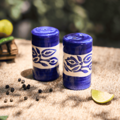 Khurja Pottery Salt Pepper White Blue Set|Handcrafted Ceramic Salt Pepper Set for Dining Table| Spices Dispenser Shaker Sprinkler Bottle |White & Blue Colour,80 ML (Set of 2 Pcs