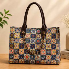 Jacquard Fabric Women's Handbag 15*12 inch || White & Blue Colour || Saras Aajeevika
