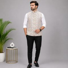Men's Sleeveless Jacquard Jacket || Off White Multi Colour Print || Saras Aajeevika