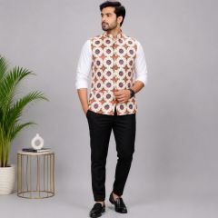 Men's Sleeveless Jacquard Jacket || Off White & Orange Colour Print || Saras Aajeevika