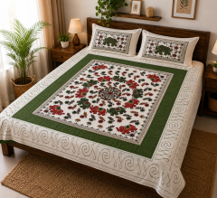 Kachchh Style Cotton Bedsheet with Elephant Design || White & Green || 8 x 7 ft || Saras Aajeevika