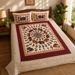 Kachchh Style Cotton Bedsheet with Elephant Design || White & Maroon || 8 x 7 ft || Saras Aajeevika