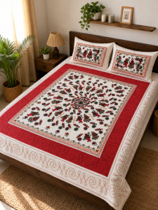 Kachchh Style Cotton Bedsheet with Dandiya Design || White & Maroon || 8 x 7 ft || Saras Aajeevika