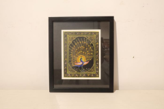 Miniature Painting Black Peacock Design Silk With Frame 7 x 5 Inch