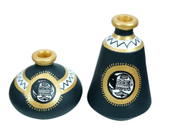 Handcrafted | Flower Vase | SHG Product | Uttar Pradesh | Terracotta Pottery | Black Pottery | Madhubani Art | Fine Clay | Black (Set of 2)