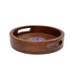 Blue Pottery Wooden Round Tray/ Offwhite  || Saras Aajeevika