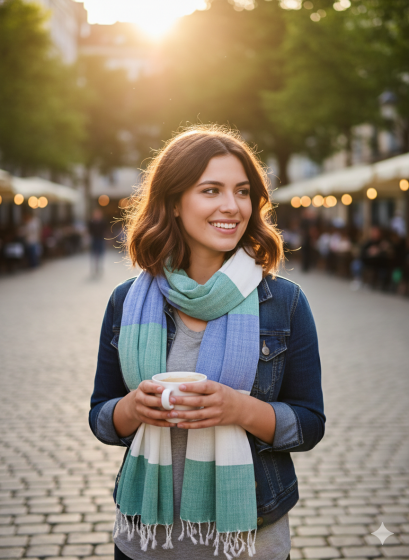 Assam Cotton Stole Blue & Green Stripes || Saras Aajeevika