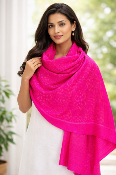Handloom Patola Shawal (Woolen & Pure Silk) || Pink || Saras Aajeevika