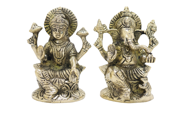 Antique Brass Ganesh Laxmi Set | Brass Figurine | Puja Essentials | Ganesh Laxmi Figurine Set | Antique Brass Work