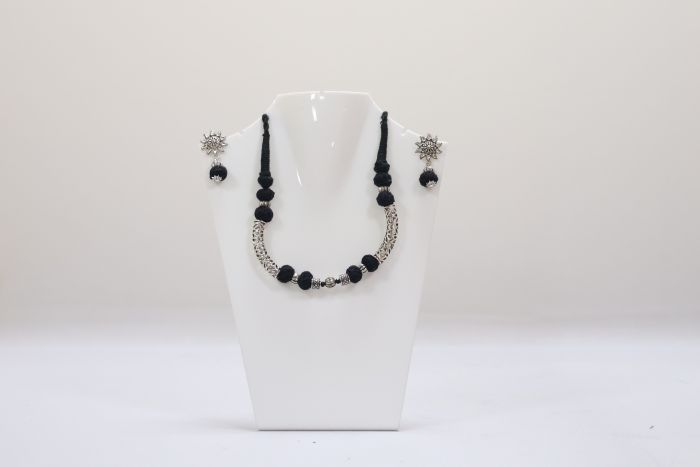 Elegant Silver Necklace with Black Dori & Pipe Design – Handcrafted Charm