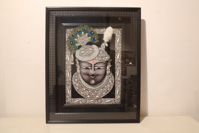 Painting Framed Shree Nath Mukh Embedded Stone 12X16 Inch