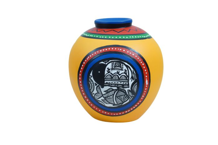Handcrafted | Flower Vase | SHG Product | Uttar Pradesh | Terracotta Pottery | Black Pottery | Madhubani Art | Fine Clay | Yellow