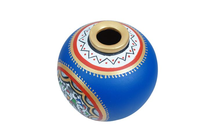 Handcrafted | Flower Vase | SHG Product | Uttar Pradesh | Terracotta Pottery | Black Pottery | Worli Art | Fine Clay | Blue