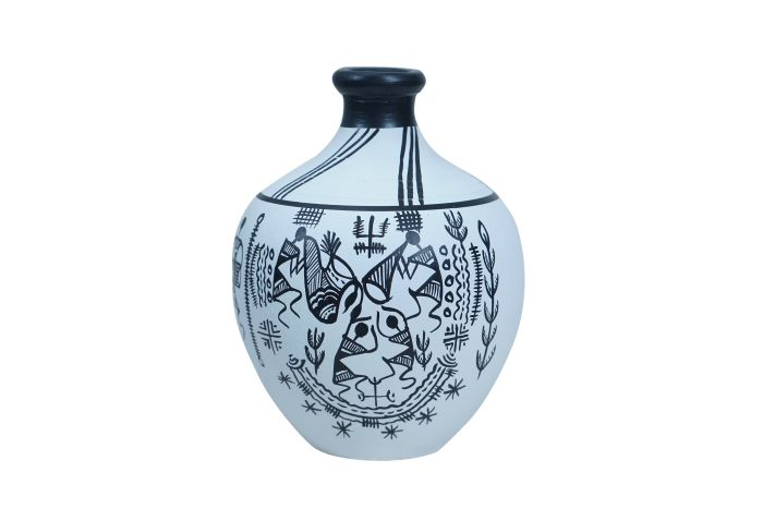 Handcrafted | Flower Vase | SHG Product | Uttar Pradesh | Terracotta Pottery | Black Pottery | Worli Art | Fine Clay | White 6.3