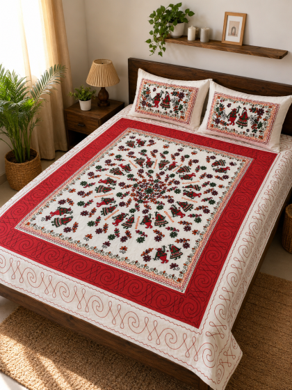 Kachchh Style Cotton Bedsheet with Dandiya Design || White & Maroon || 8 x 7 ft || Saras Aajeevika