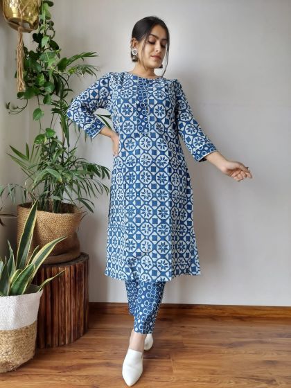  Cotton Kurti and Pant Block Print S | Handmade block print | Cotton Kurti| Festive Wear | Blue