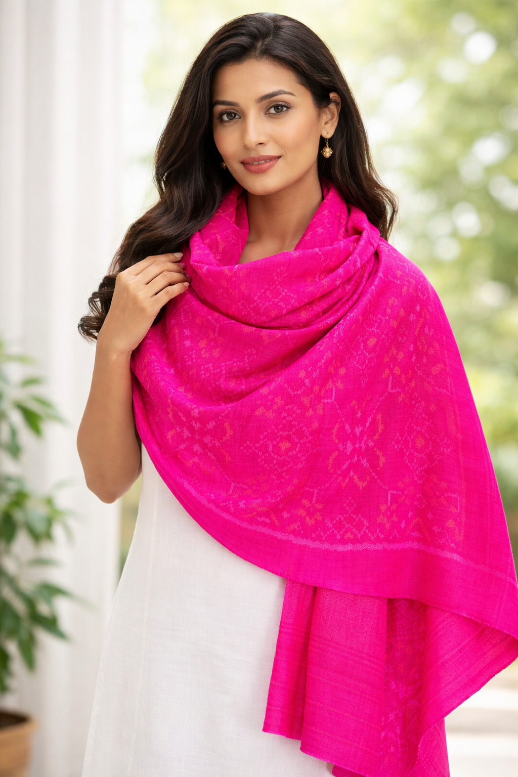 Handloom Patola Shawal (Woolen & Pure Silk) || Pink || Saras Aajeevika